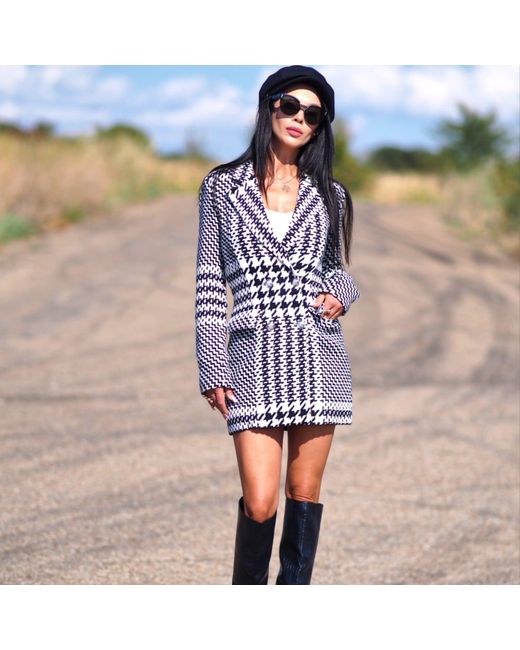 Adrenaline Fashion Blue Houndstooth Wool Coat And Double Breasted Elegant Short Winter Overcoat Designer Outerwear