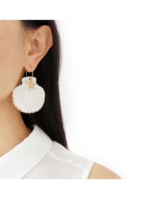POPORCELAIN Metallic Golden Edge Clam Shell With Starfish Hoop Earrings