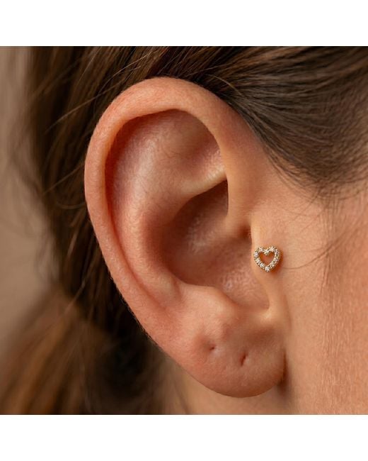 Zahav Jewelry Metallic 14K Solid 18G 8Mm Heart Round Cz Pave Internally Threaded Flat Back Stud