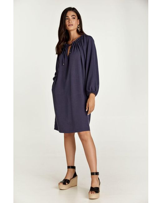 Conquista Blue Belted Tencel Dress With Pockets