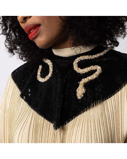 Laines London Black Hand Beaded Crystal & Pearl Snake Tassel Cape