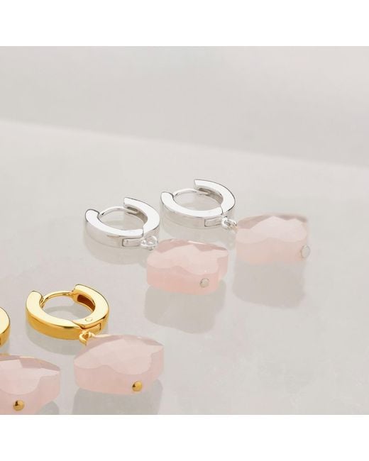 Nellou Jewellery Pink Clover Gem Hoop Earrings Rose Quartz Sterling