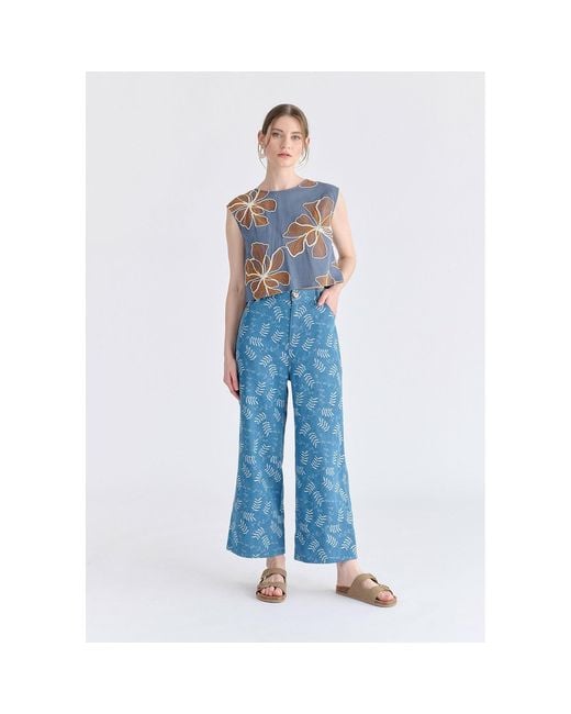 Paisie Blue Floral Embroidered Cropped Top
