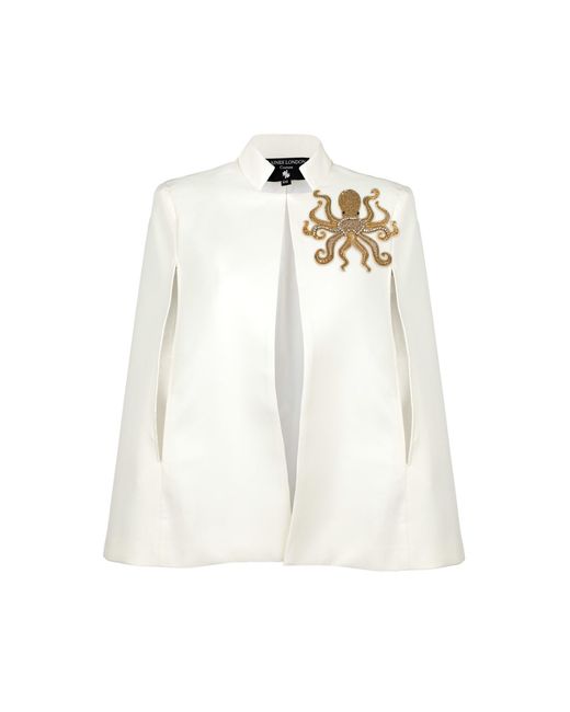 House of Laines London White Neutrals Laines Ivory Couture Tailored Cape With Embellished Octopus Brooch