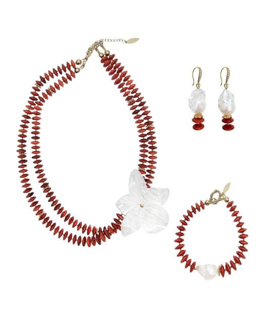 Farra Red Bamboo Coral With Flower Shell Double Layers Necklace Set