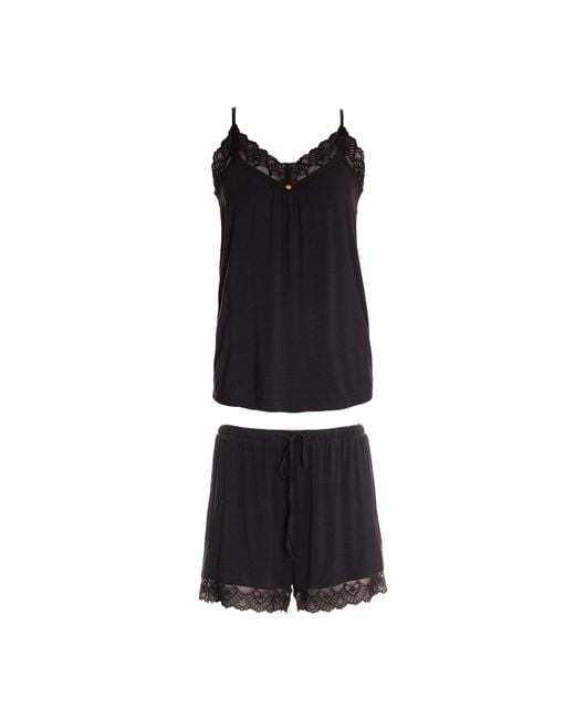 Pretty You London Black Bamboo Lace Cami Short Pyjama Set