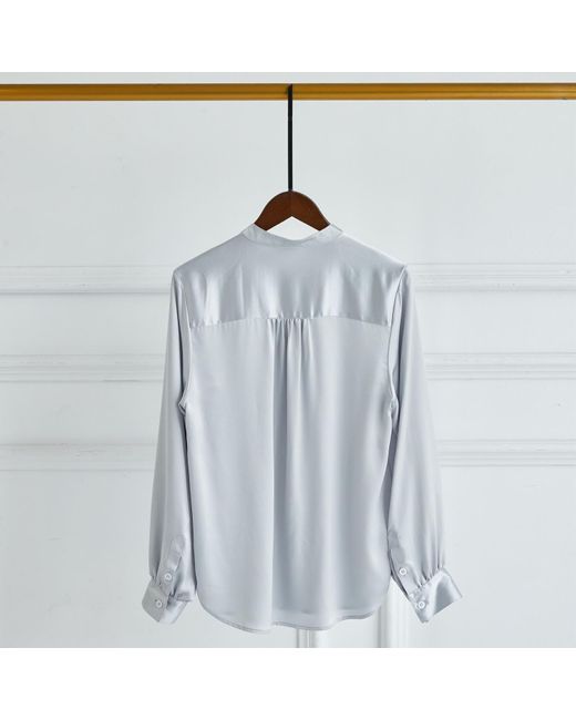 Soft Strokes Silk Gray Pure Silk Long Sleeve Banded Collar Blouse