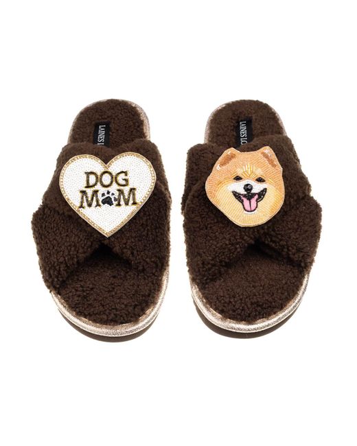 Laines London Brown Neutrals Laines Neutral Boucle Slippers With Teddy The Pomeranian & Dog Mum/Mom Brooches
