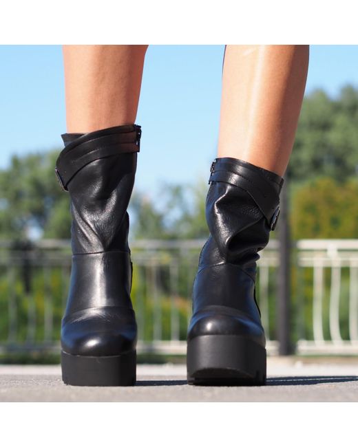 Adrenaline Fashion Black Leather Platform Boots With Buckle Strap Chunky Sole Designer Ankle Boots