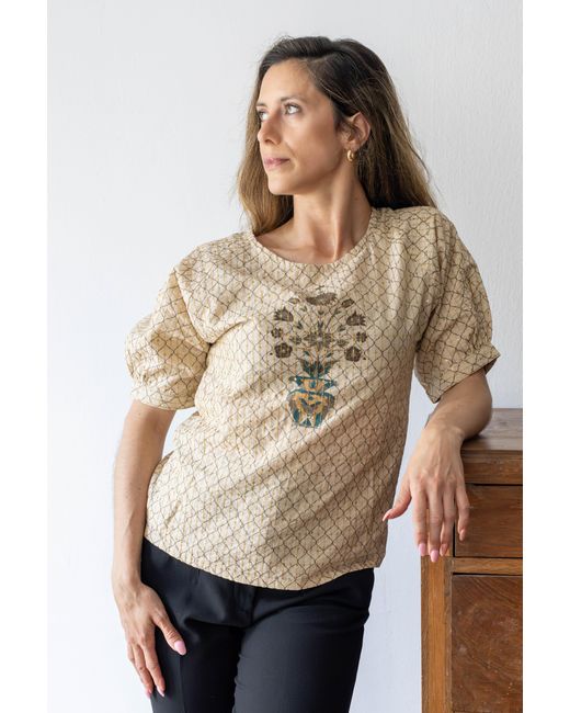 Stovaria Natural Golden Bloom Pure Cotton Top With Zari Embroidery