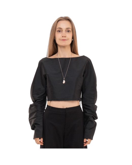 Sazha Black Silk Taffeta Cropped Top With Voluminous Sleeves