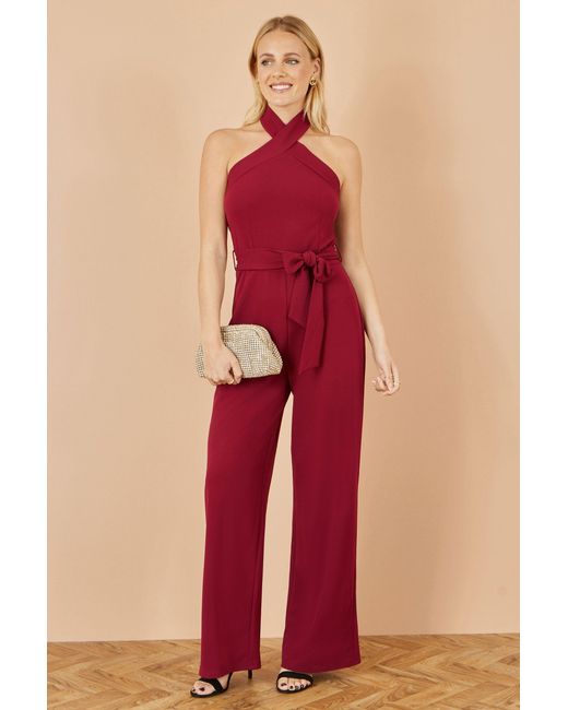Yumi' Red Burgundy Cross Over Halter Neck Jumpsuit