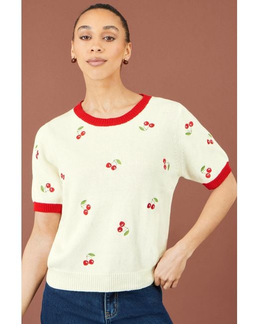 Yumi' Natural Ivory Cherry Cotton Knitted Top