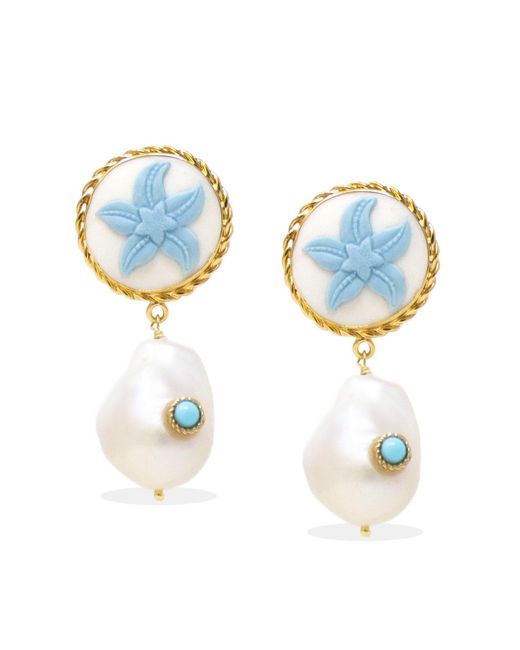 Vintouch Italy Blue Starfish Cameo Earrings With Pearls And