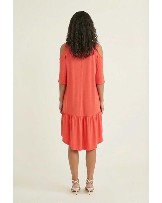 Conquista Red Flowing Cold-Shoulder Tunic With High-Low Hem