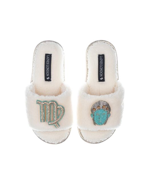 Laines London White Teddy Towelling Slipper Sliders With Virgo Zodiac Brooches