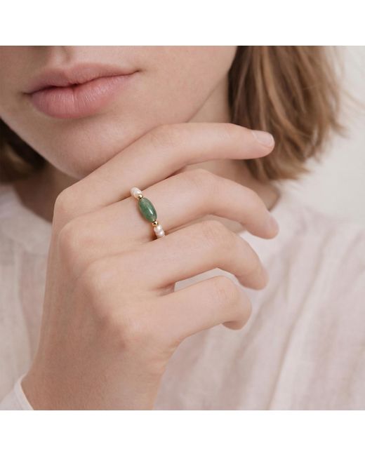 seree Metallic Isa Jade And Beaded Pearl Stretch Ring