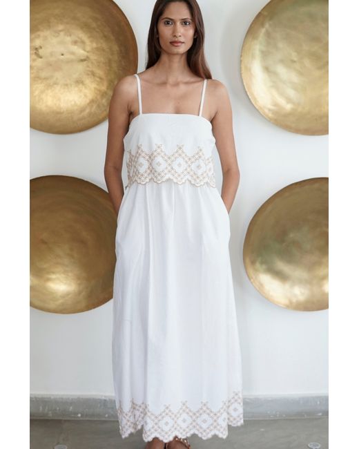 La Mandarine White Embroidered Summer Maxi Dress With Pockets Elena