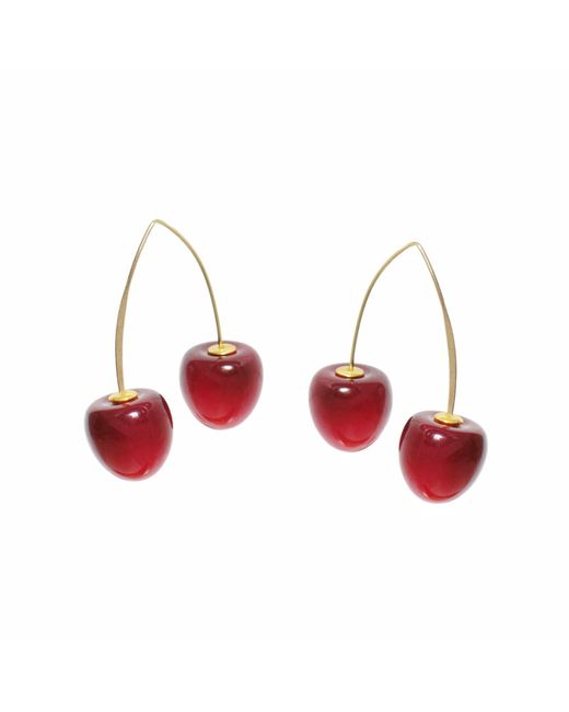 I'MMANY LONDON Red Double Cherry Drop Earrings With Golden Stems