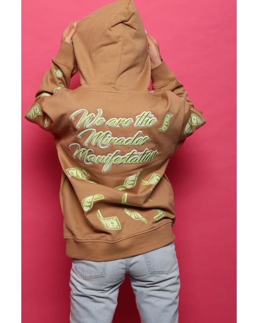 Miracles Manifester Gray Manifestation Embroidered Hoodie With Rhinestone Design