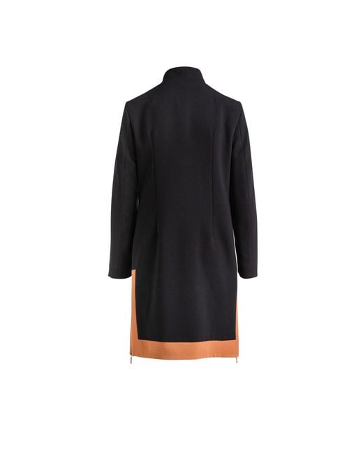 Conquista Black Coat With Camel Detail In Woven Crepe Fabric
