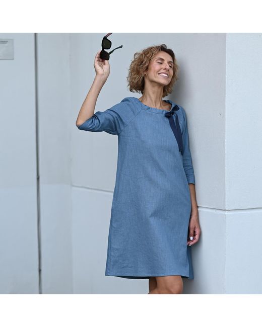 LeMuse Blue French — Stonewashed Linen Dress With Adjustable Ribbon Bow