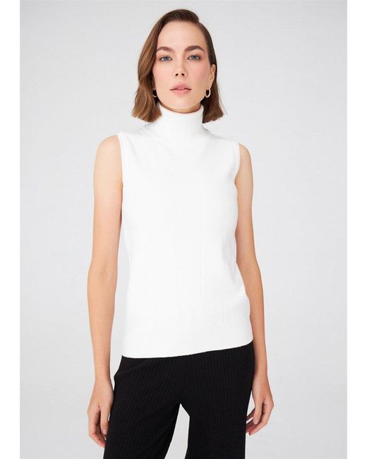 Peraluna White Slim Fit Sleeveless Turtle-Neck Blouse