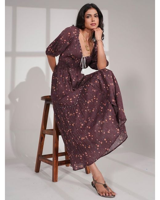 Rose & Nancy Purple Eloise Burgundy Floral Cotton Crinkle Midi Dress