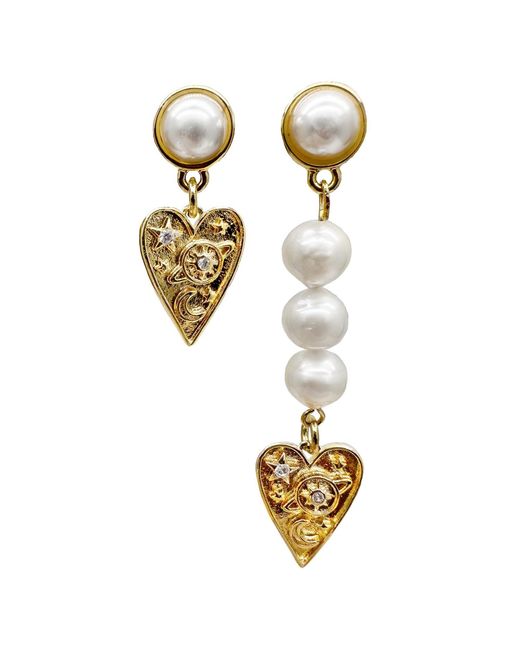 Farra Metallic Heart Dangle Freshwater Pearls Asymmetric Earrings