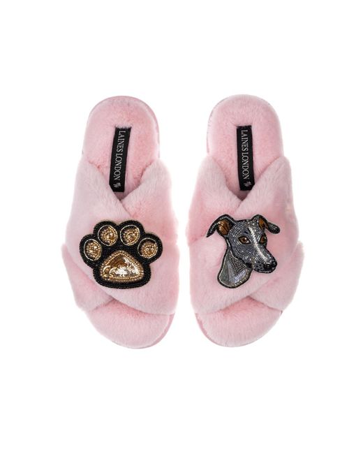 Laines London Pink Classic Laines Slippers With Vinny The Italian Greyhound & Paw Brooches