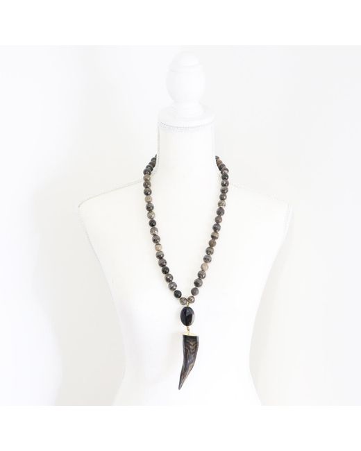Shar Oke Metallic Horn Tusk Amulet & Tibetan Agate Statement Beaded Necklace