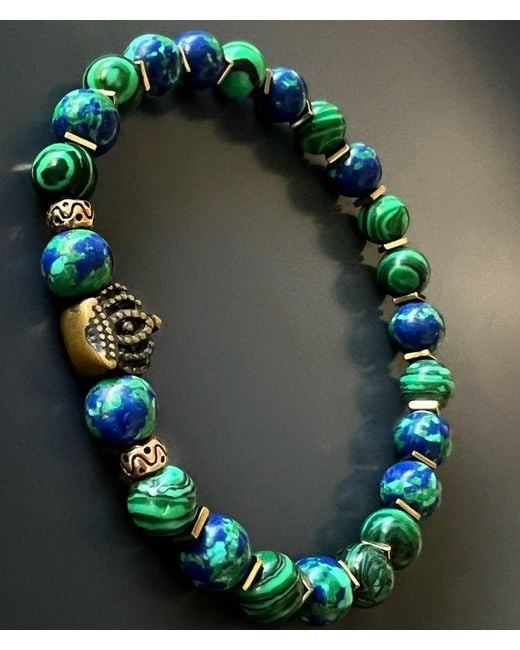 Ebru Jewelry Blue Malachite Stone Calmness Crown Charm Bracelet for men
