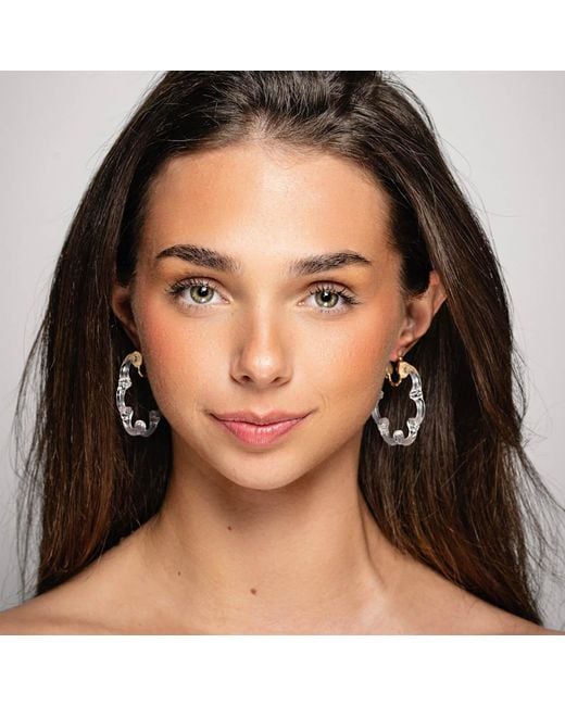 Gold & Honey White Flower Bamboo Lucite Hoop Earrings