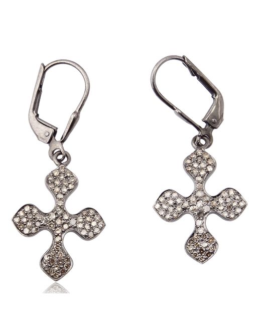 Artisan Metallic Natural Pave Diamond In 925 Sterling Silver Cross Design Clip On Earrings