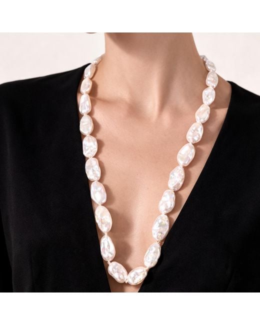 Unaloe Metallic Elegant Long Necklace With Freshwater Cultured Baroque Pearls And Sterling- Plated Lobster Clasp