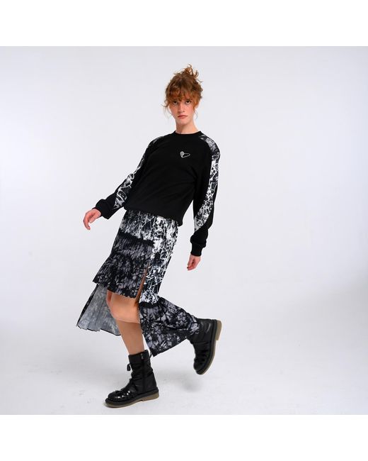 Lalipop Design Black Asymmetrical Mid-Length Pleated Skirt With An Abstract Print Design
