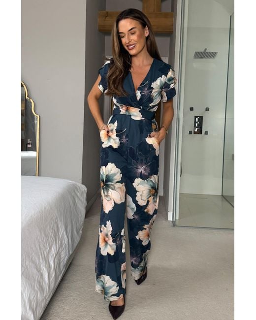 Girl In Mind Blue Bridget Twist Font Split Arm Jumpsuit Floral