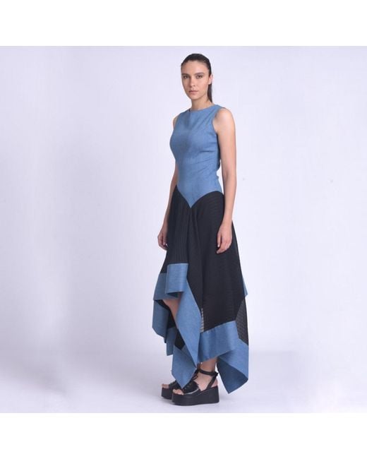 Metamorph Blue Asymmetric Denim Chiffon Dress