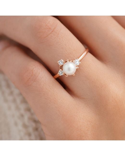 VicStoneNYC Fine Jewelry Metallic Luna Akoya Pearl Diamond Rose Solid Ring
