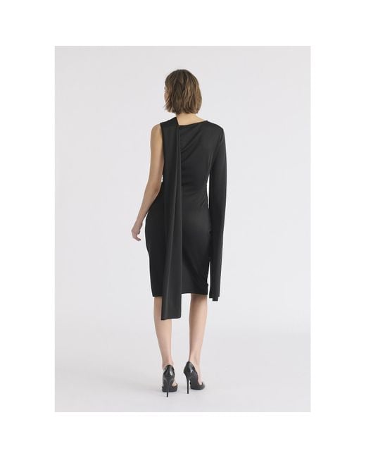 Paisie Black Asymmetric Draped Cape Sleeve Dress