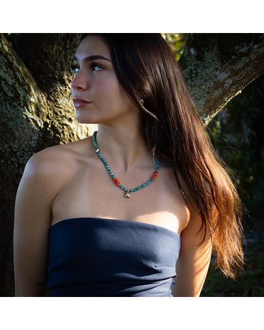 Ebru Jewelry Blue Turtle Blessing Crystal & Coral Beaded Necklace