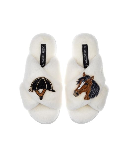 Laines London White Classic Laines Slippers With Riding Hat & Horse Brooches