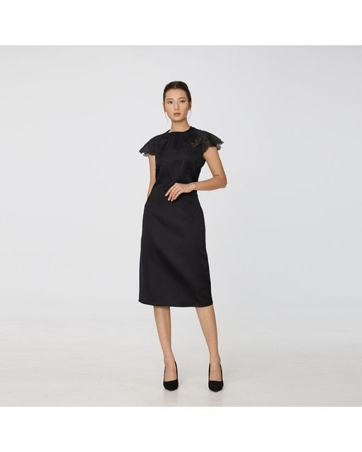 Smart and Joy Black Satin Shoulder Lace Inlay Dress