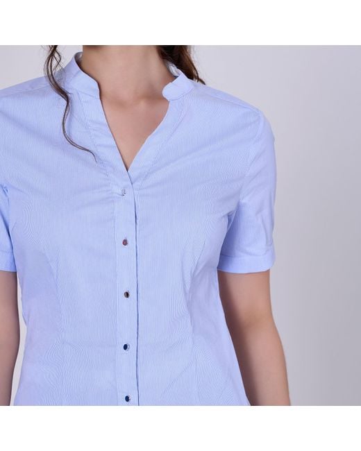 Smart and Joy Blue Fitted V-Neck Short Sleeves Cotton Shirt