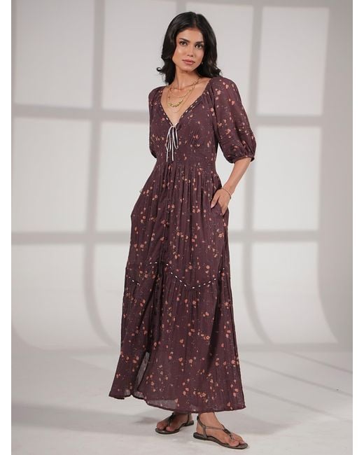 Rose & Nancy Purple Eloise Burgundy Floral Cotton Crinkle Midi Dress