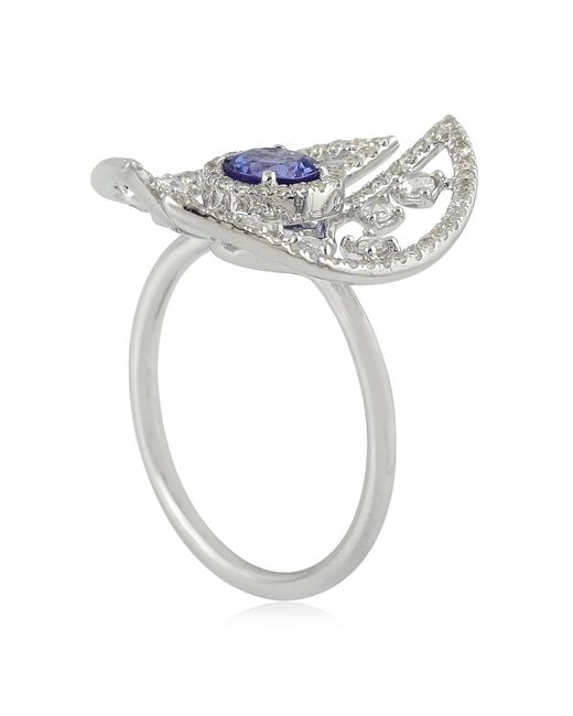 Artisan Multicolor 18k White Gold Diamond Tanzanite Cocktail Ring Handmade Jewelry