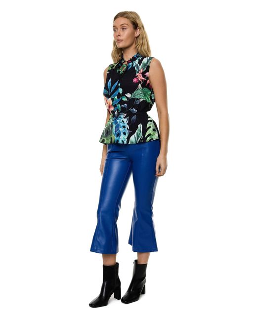 Carloslines Blue Front Neck Tie Smocked Waist Sleeveless Top