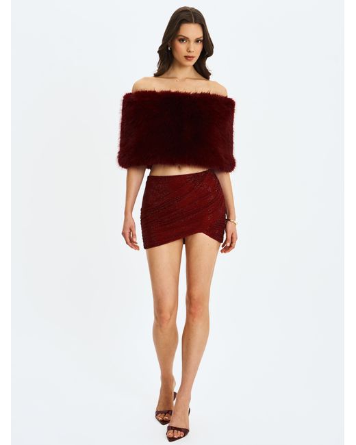 Miss Circle New York Red Darla Burgundy Faux Fur Off-Shoulder Cropped Top