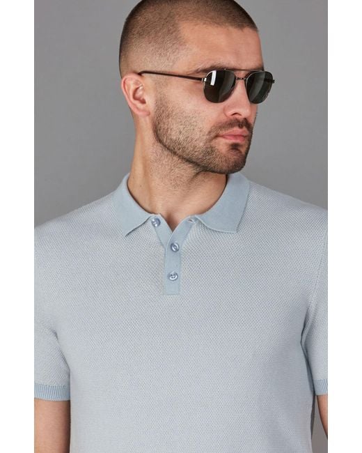 Paul James Knitwear Blue Lightweight Cotton Pietro Two Tone Textured Polo Shirt for men