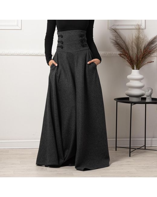 Nikka Place Black Ultra High Waist Wool Maxi Skirt With Pockets